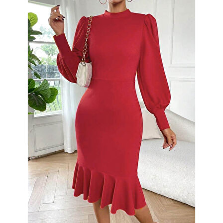 Lucky Life Kadın Uzun Kollu Yarı Balıkçı Yaka Etek Ucu Fırfır Detaylı Midi Ithal Krep Elbise