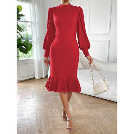 Lucky Life Kadın Uzun Kollu Yarı Balıkçı Yaka Etek Ucu Fırfır Detaylı Midi Ithal Krep Elbise