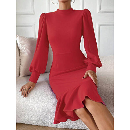 Lucky Life Kadın Uzun Kollu Yarı Balıkçı Yaka Etek Ucu Fırfır Detaylı Midi Ithal Krep Elbise