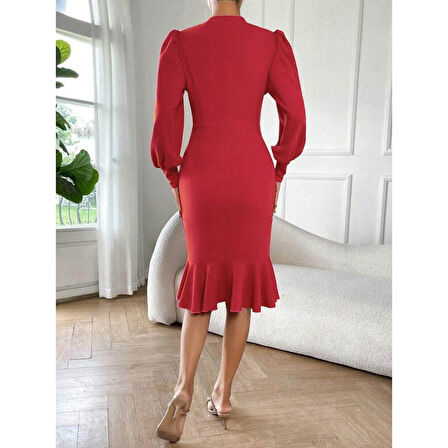 Lucky Life Kadın Uzun Kollu Yarı Balıkçı Yaka Etek Ucu Fırfır Detaylı Midi Ithal Krep Elbise