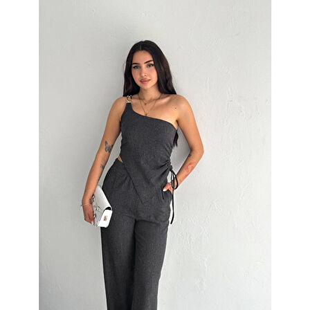 Lucky Life Kadın Crop Pantalon Ikili Takım - Füme