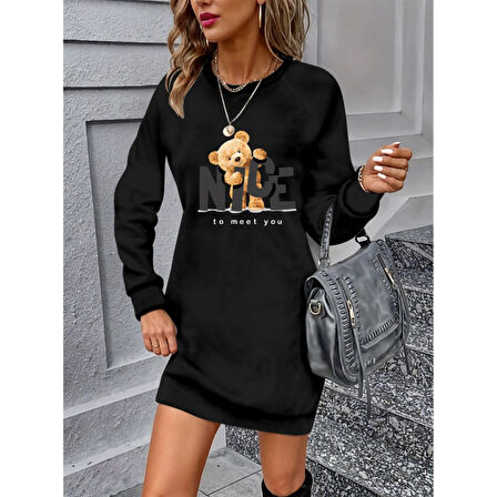 Lucky Life Kadın Uzun Kollu Bisiklet Yaka Ayı Desenli Viskon Iki Iplik Elbise