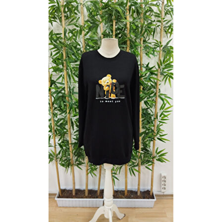 Lucky Life Kadın Uzun Kollu Bisiklet Yaka Ayı Desenli Viskon Iki Iplik Elbise