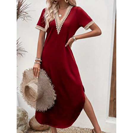 Lucky Life Kadın Kısa Kollu Dantel V Yakalı Uzun Viskon Elbise