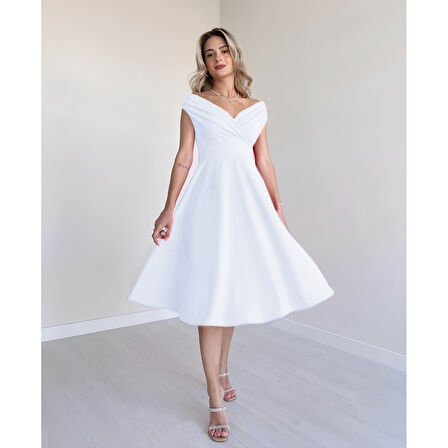 Lucky Life Kadın Kısa Kollu Kruvaze Yaka Eteği Volanlı Krep Elbise