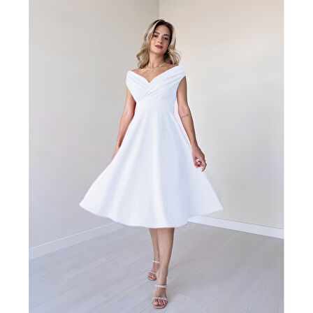 Lucky Life Kadın Kısa Kollu Kruvaze Yaka Eteği Volanlı Krep Elbise