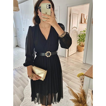 Lucky Life Kadın şifon Kumaş Astalı Kloş Kesim Kruvaze Yaka Midi Boy Elbise