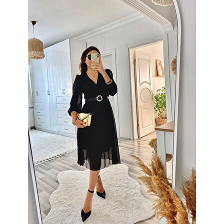 Lucky Life Kadın şifon Kumaş Astalı Kloş Kesim Kruvaze Yaka Midi Boy Elbise