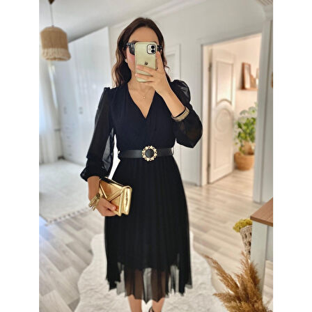 Lucky Life Kadın şifon Kumaş Astalı Kloş Kesim Kruvaze Yaka Midi Boy Elbise