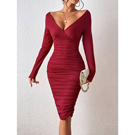 Lucky Life Kadın Uzun Kollu Derin Kruvaze Yakalı Büzgülü Sandy Midi Elbise