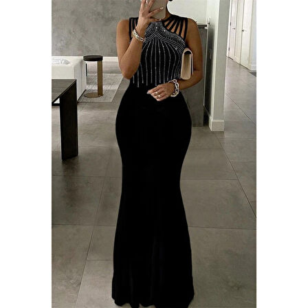 Lucky Life Kadın Omuz çoklu Askılı önü Taş Işlemeli Balık Kesim Janjan Krep Maxi Boy Elbise