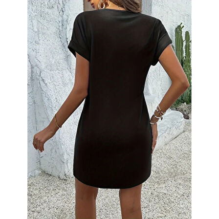 Lucky Life Kadın Kısa Kollu V Yakalı önden Düğmeli Viskon Iki Iplik Elbise