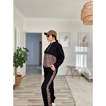 Lucky Life Kadın Uzun Kollu Leopar Detay Sweat Ve Yanı Leopar şerit Detay Pantolon Ikili Takım