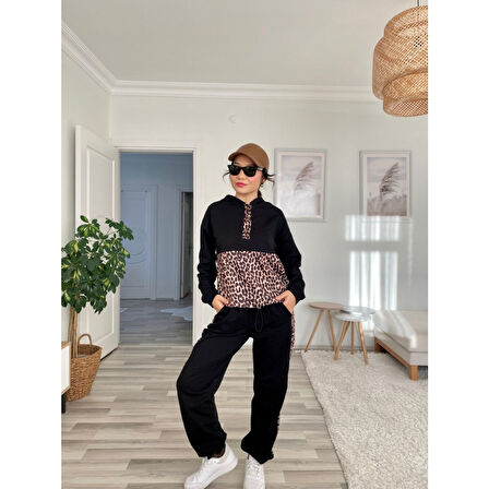 Lucky Life Kadın Uzun Kollu Leopar Detay Sweat Ve Yanı Leopar şerit Detay Pantolon Ikili Takım