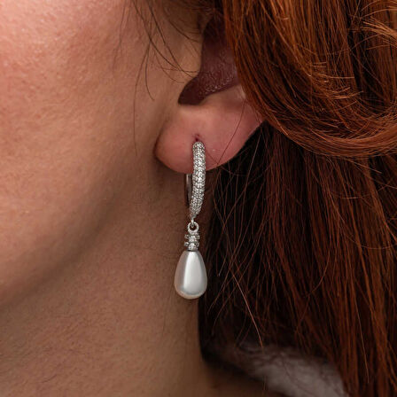 Lucky Life Gümüş Zirkon Taşlı Sallantılı Damla İnci Küpe