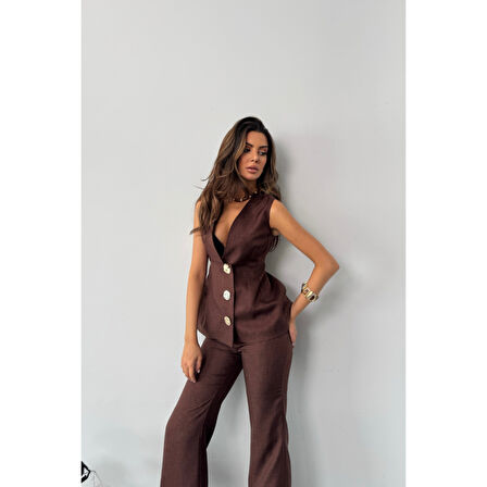 KETEN GOLD DÜĞMELİ YELEK - PANTOLON TK - Kahverengi
