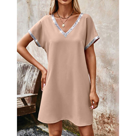 Lucky Life Kadın Yaka Ve Kol Pul Payet şeritli Ithal Krep Elbise