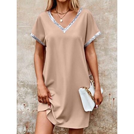 Lucky Life Kadın Yaka Ve Kol Pul Payet şeritli Ithal Krep Elbise