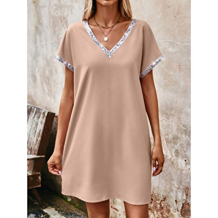 Lucky Life Kadın Yaka Ve Kol Pul Payet şeritli Ithal Krep Elbise