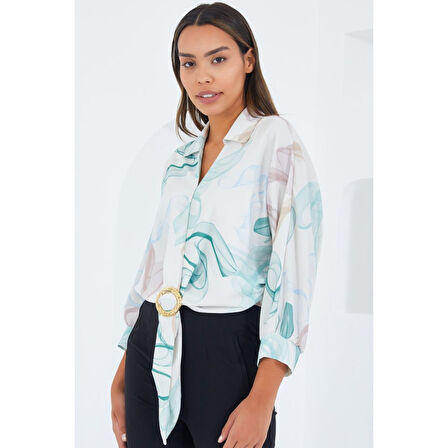 Lucky Life Kadın Oversize Dökümlü Crop Saten Gömlek 906 - Mint