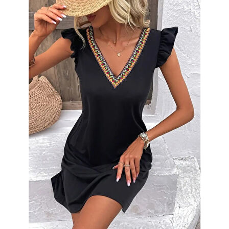 Lucky Life Kadın Kısa Kollu V Yakalı Viskon Elbise