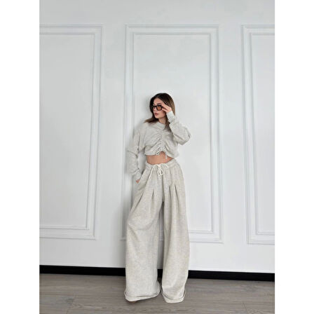 Lucky Life Kadın Uzun Kollu Önü İp Büzgülü  Crop Ve Pantolon İkili Takım - Gri