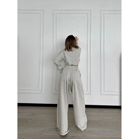 Lucky Life Kadın Uzun Kollu Önü İp Büzgülü  Crop Ve Pantolon İkili Takım - Gri