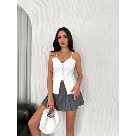Lucky Life Kadın Dekolte Deraylı Bluz Crop - Beyaz