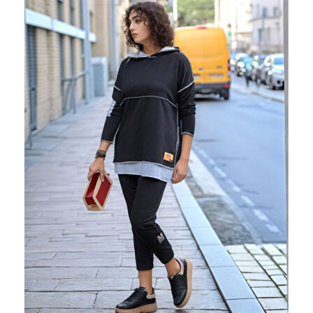 Lucky Life Kadın Siyah Kapşonlu Etek Ucu Detay Arma Ters Dikiş Gorunumlu Ikili Takım