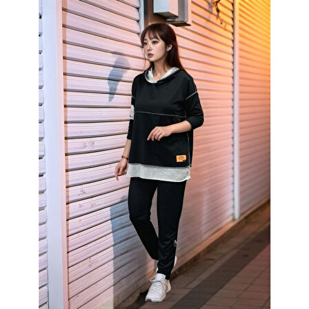 Lucky Life Kadın Siyah Kapşonlu Etek Ucu Detay Arma Ters Dikiş Gorunumlu Ikili Takım