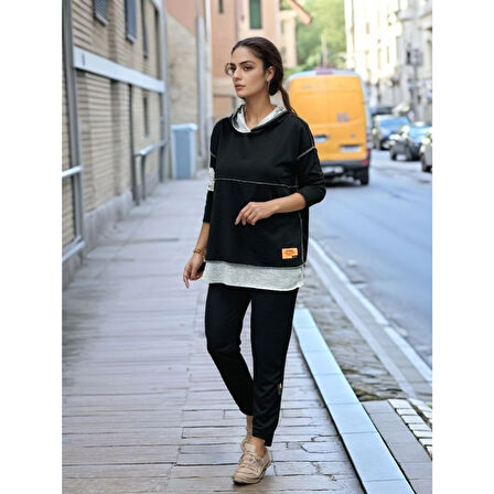 Lucky Life Kadın Siyah Kapşonlu Etek Ucu Detay Arma Ters Dikiş Gorunumlu Ikili Takım