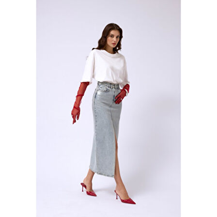 Lucky Life Varak Baskılı Yırtmaçlı Maxi Denim Etek