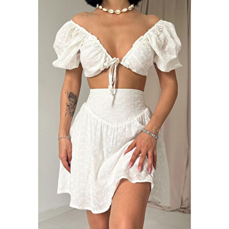Ekru Brode Crop Ve Mini Etek Takım