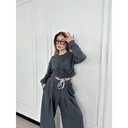 Lucky Life Kadın Uzun Kollu Önü İp Büzgülü Crop Ve Pantolon İkili Takım - Antrasit