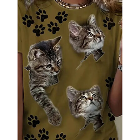 Lucky Life Kadın Kısa Kollu Kedi Ve Pati Baskılı Süprem T-shirt
