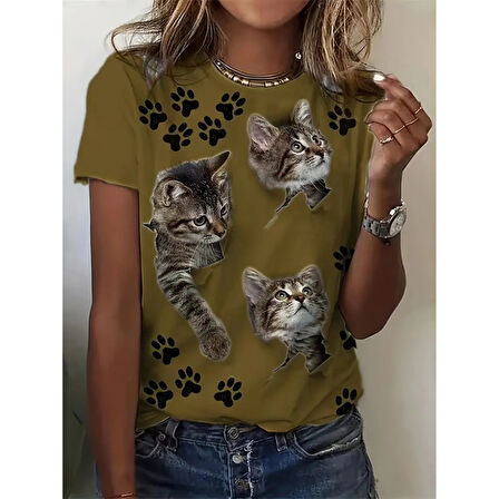 Lucky Life Kadın Kısa Kollu Kedi Ve Pati Baskılı Süprem T-shirt