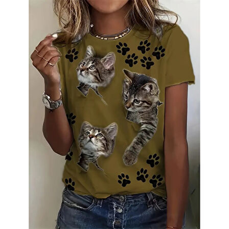 Lucky Life Kadın Kısa Kollu Kedi Ve Pati Baskılı Süprem T-shirt