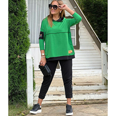 Lucky Life Kadın Yeşil Kapşonlu Etek Ucu Detay Arma Ikili Takım