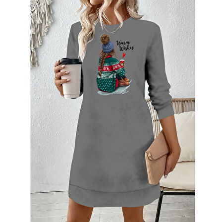 Lucky Life Kadın Uzun Kollu Bisiklet Yaka Desenli Viskon Iki Iplik Elbise