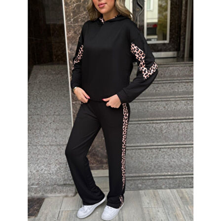 Lucky Life Kadın Kapüşonlu Leopar Detay Sweat Ve Yüksek Bel Yanları Leopar şeritli Bol Paça Pantolon Ikili Takım