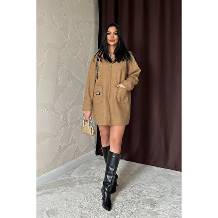Lucky Life Kadın Vizon Armalı Kapşonlu Peluş Ceket