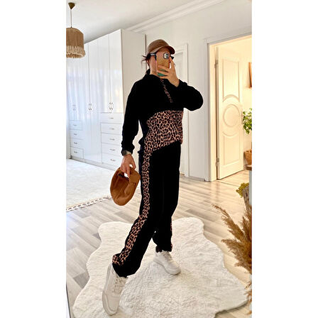Lucky Life Kadın Uzun Kollu Leopar Detay Sweat Ve Yanı Leopar şerit Detay Pantolon Ikili Takım