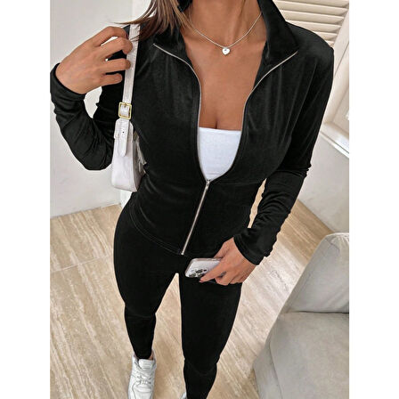 Lucky Life Kadın Uzun Kollu önden Fermuarlı Kadife Bluz Ve Pantolon Ikili Takım