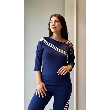 Lucky Life Kadın Uzun Kollu Truvakar Kol Tek Omuz çapraz şerit Detaylı Ribanalı Viskon Iki Iplik Bluz Ve Pantolon Ikili Takım