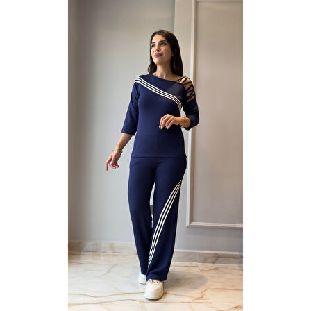 Lucky Life Kadın Uzun Kollu Truvakar Kol Tek Omuz çapraz şerit Detaylı Ribanalı Viskon Iki Iplik Bluz Ve Pantolon Ikili Takım