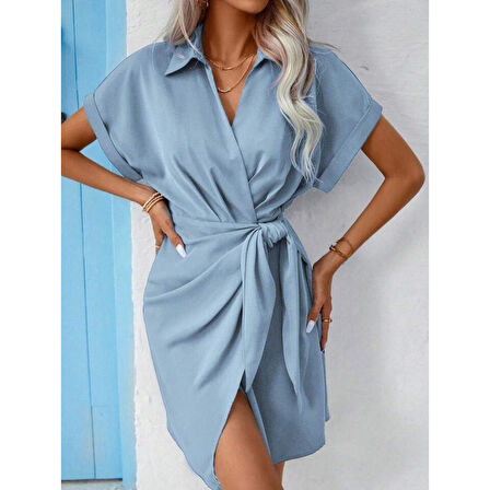 Lucky Life Kadın Kısa Kollu Yakalı Yandan Bağlamalı Dokuma Elbise