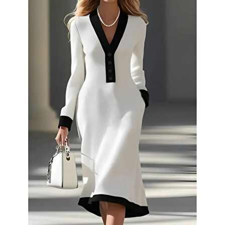 Lucky Life Kadın Uzun Kollu V Yakalı Düğmeli Midi Modal Elbise