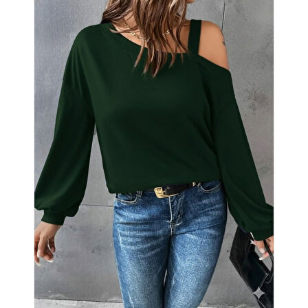 Lucky Life Kadın Uzun Kollu Tek Omuz Askı Detay Salaş Viskon Iki Iplik Bluz