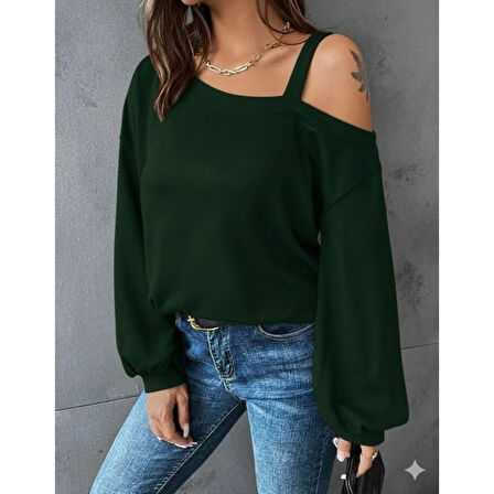 Lucky Life Kadın Uzun Kollu Tek Omuz Askı Detay Salaş Viskon Iki Iplik Bluz