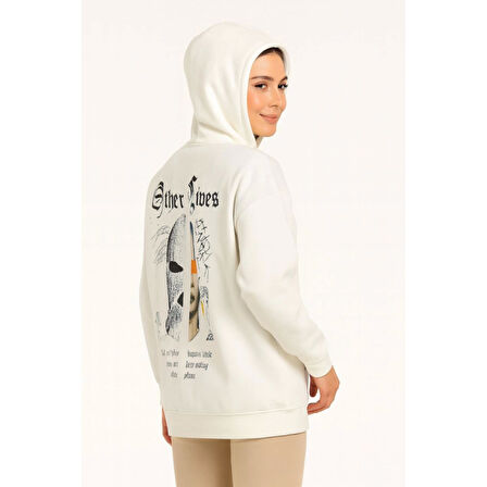 Lucky Life Üç İplik Kapşonlu ön Ve Arka Baskılı SweatShirt Hoodie- Beyaz